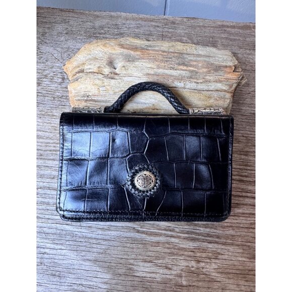 Brighton Handbags - Brighton Black Croc Embossed Leather Organizer Wallet Mini Clutch Braided Handle